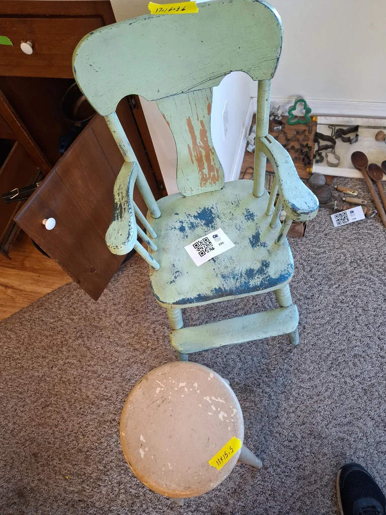 Painted Wooden Child's Chair and Stool - image 1 of 9