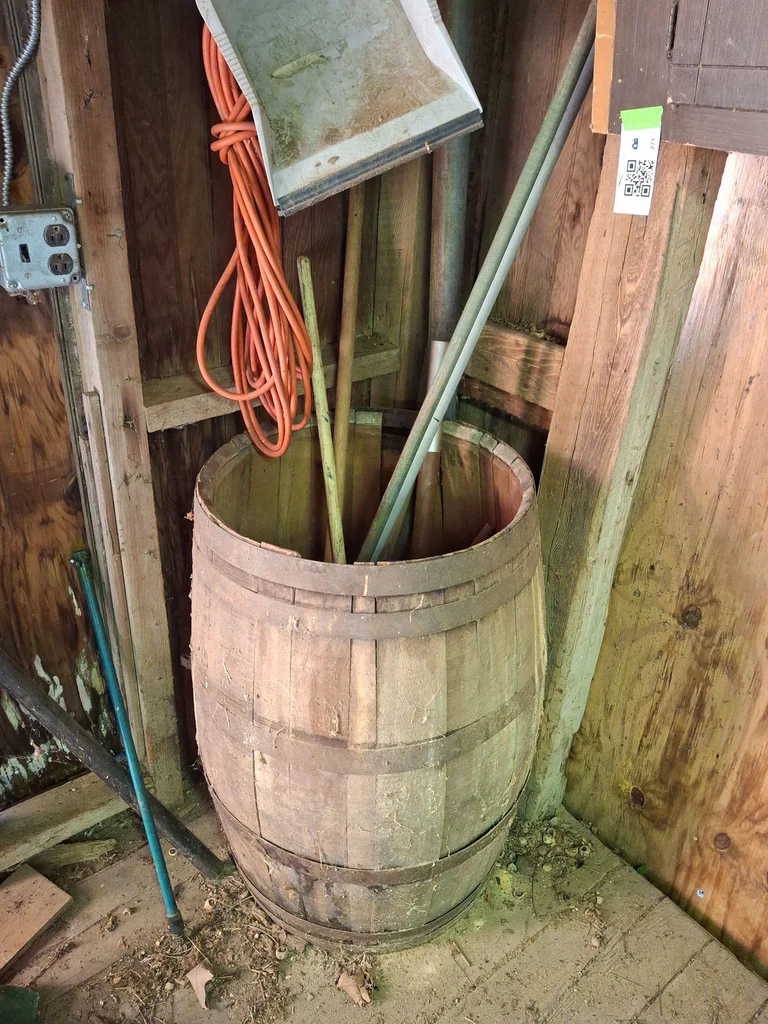Wooden Barrel Planter and Yard Tools - image 1 of 5