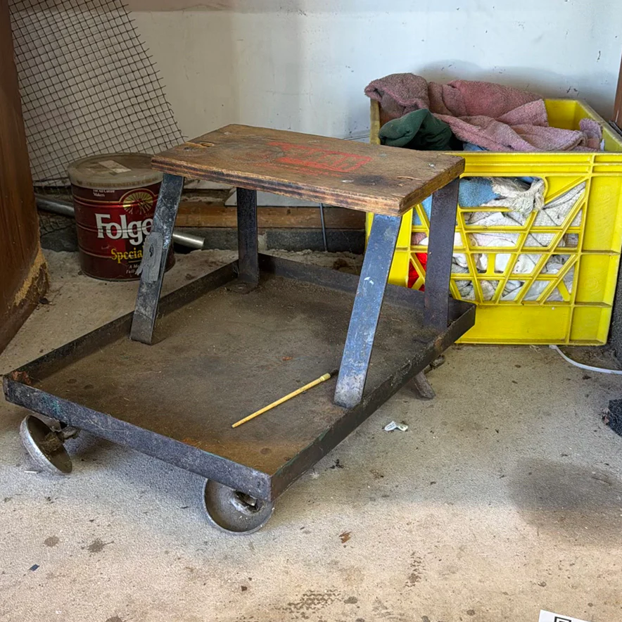 Rolling Shop Stool, Cleaning Rags, and Assorted Chemical Containers - image 1 of 4