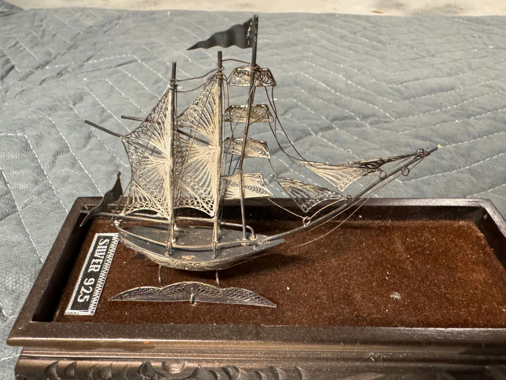 Sterling silver ship model on carved wooden base - image 3 of 3
