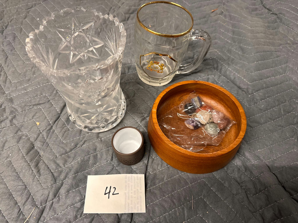 Crystal glassware set with vase and mug, plus wooden bowl with stones - image 1 of 5