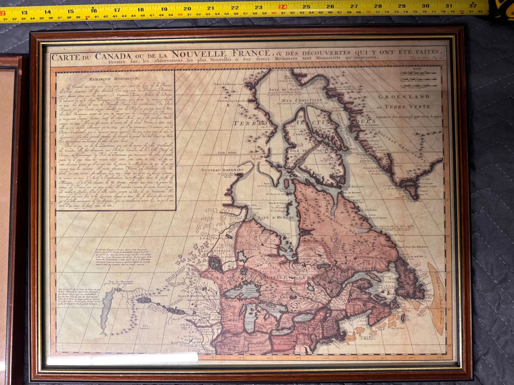 Three framed prints: castle silhouette, Canada map, and double-hemisphere world map - image 2 of 4