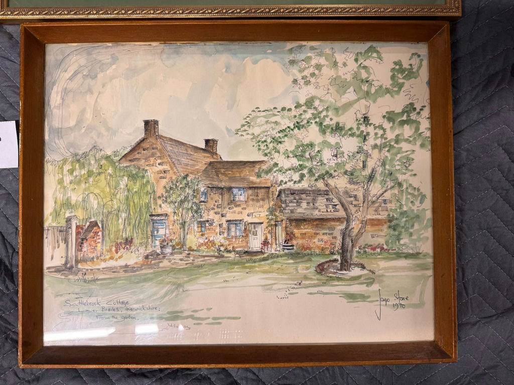 Two framed artworks: royal procession and cottage landscape - image 2 of 3