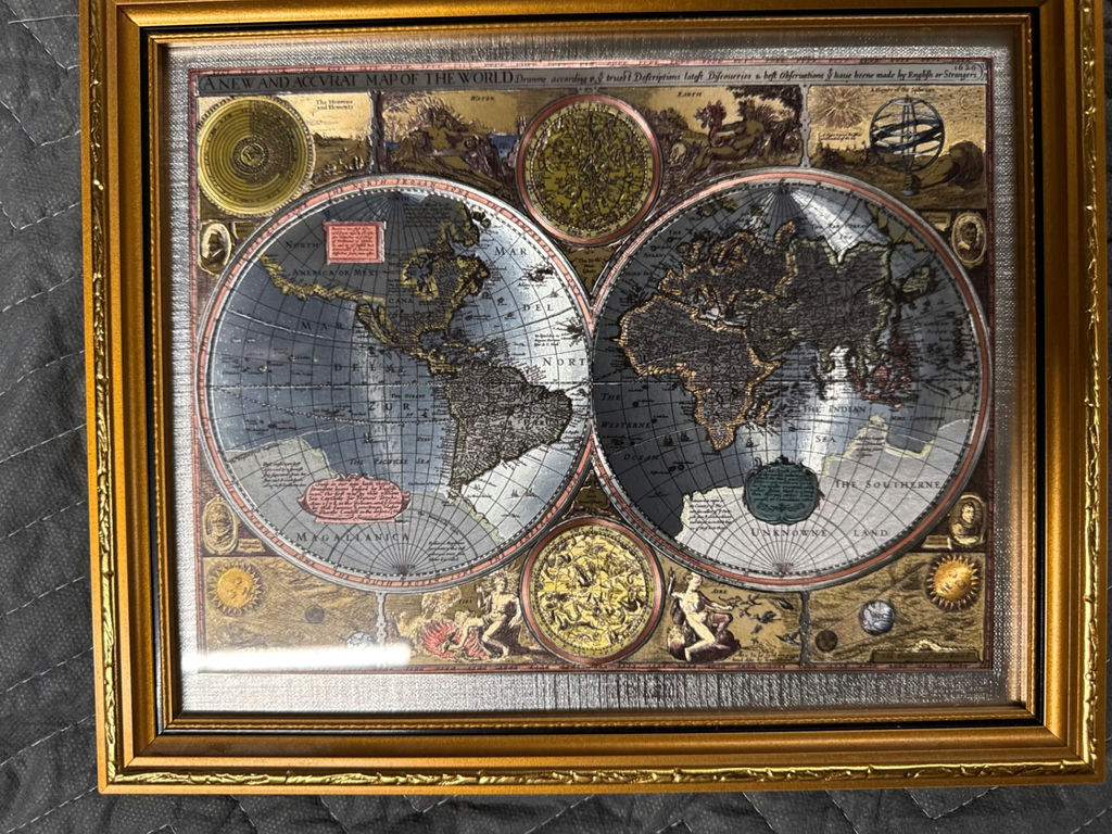 Three framed prints: castle silhouette, Canada map, and double-hemisphere world map - image 4 of 4
