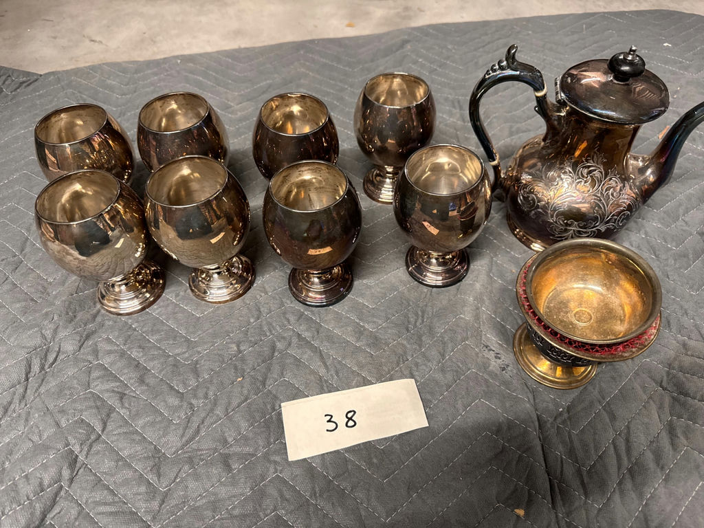 Silver-plated teapot with six stemmed goblets and pedestal bowl - image 1 of 3