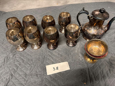 Silver-plated teapot with six stemmed goblets and pedestal bowl - Image 1 of 3