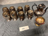 Silver-plated teapot with six stemmed goblets and pedestal bowl - thumbnail 1 of 3