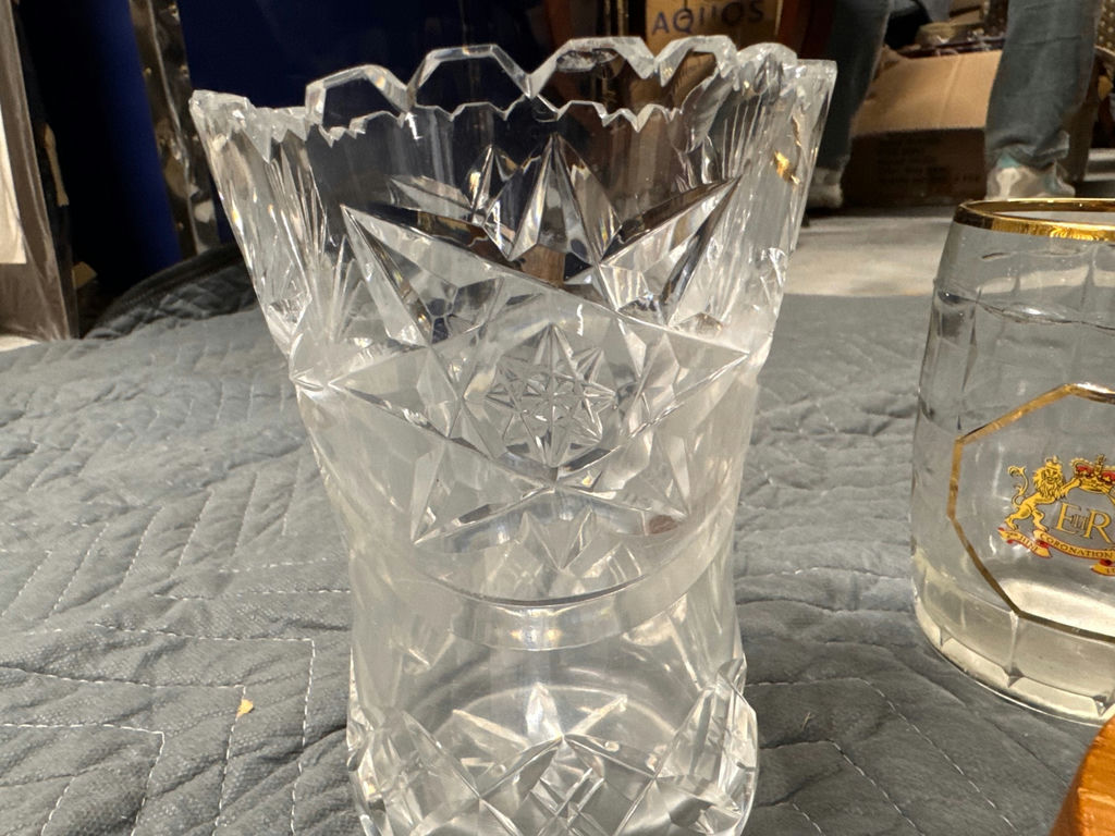 Crystal glassware set with vase and mug, plus wooden bowl with stones - image 3 of 5