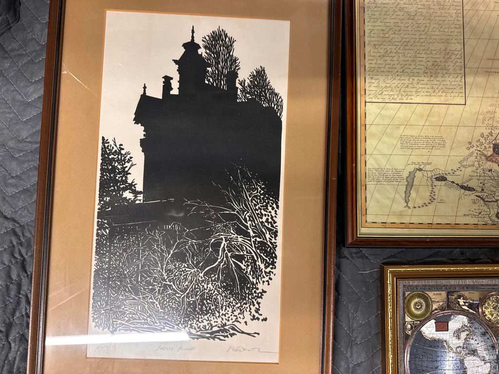 Three framed prints: castle silhouette, Canada map, and double-hemisphere world map - image 3 of 4
