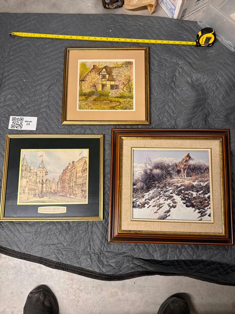 Three framed art prints: cottage scene, city street, and snowy wolf landscape - image 1 of 4