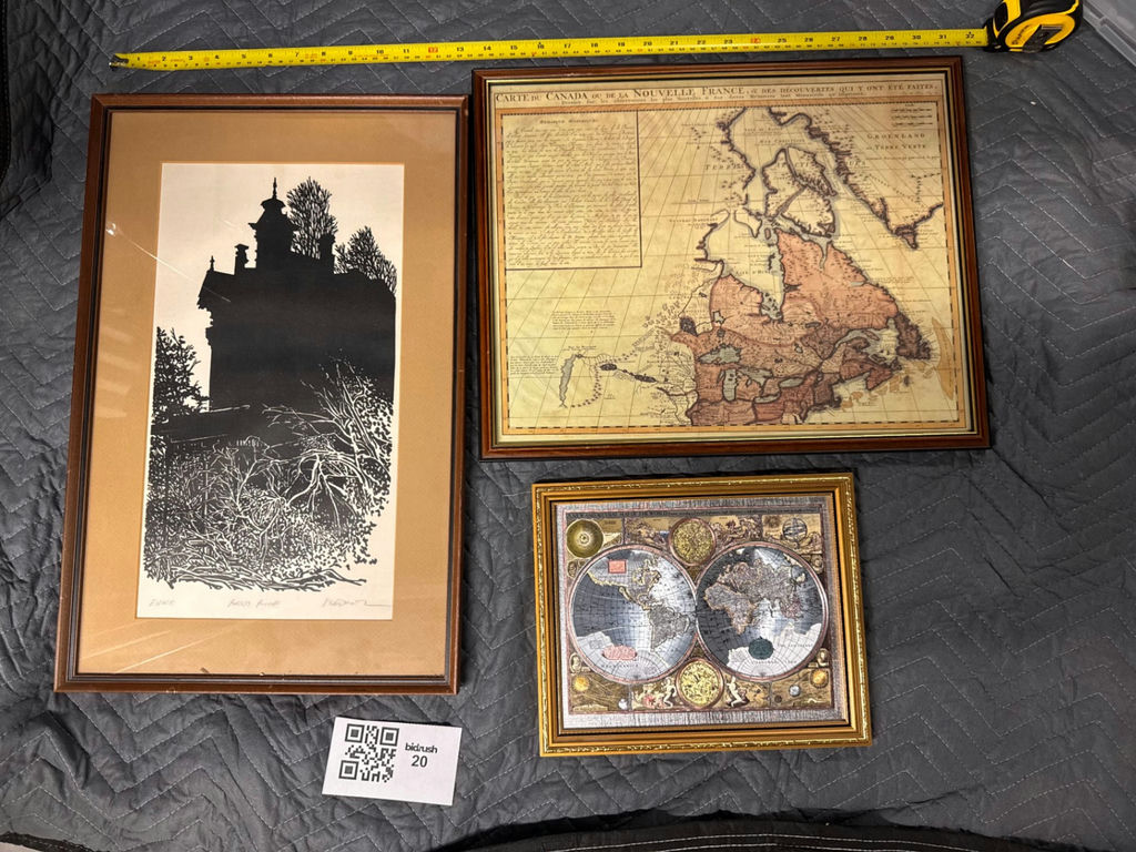 Three framed prints: castle silhouette, Canada map, and double-hemisphere world map - image 1 of 4