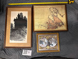Three framed prints: castle silhouette, Canada map, and double-hemisphere world map - thumbnail 1 of 4