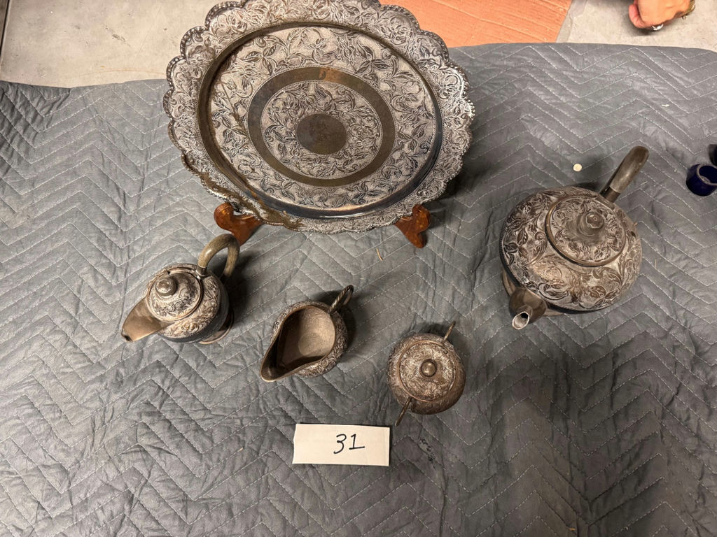 Engraved Metal Tea Service Set with Tray - image 1 of 14