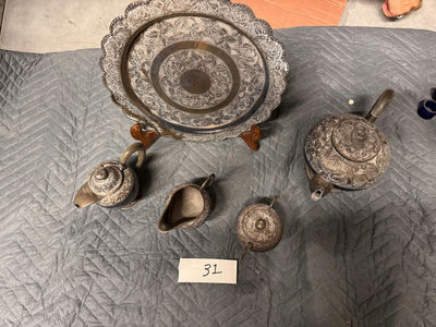 Engraved Metal Tea Service Set with Tray - Image 1 of 14