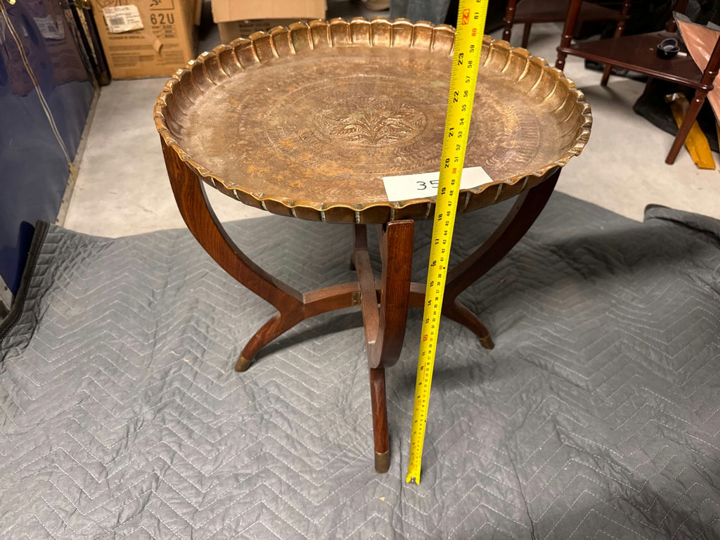 Round metal serving tray on wooden pedestal stand - image 3 of 3