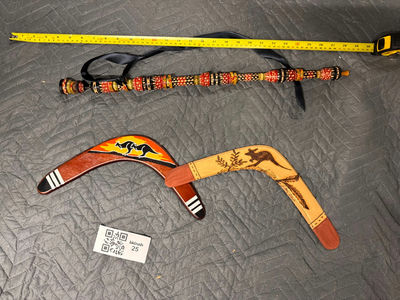 Decorative Wooden Boomerangs and Carved Didgeridoo - Image 1 of 5
