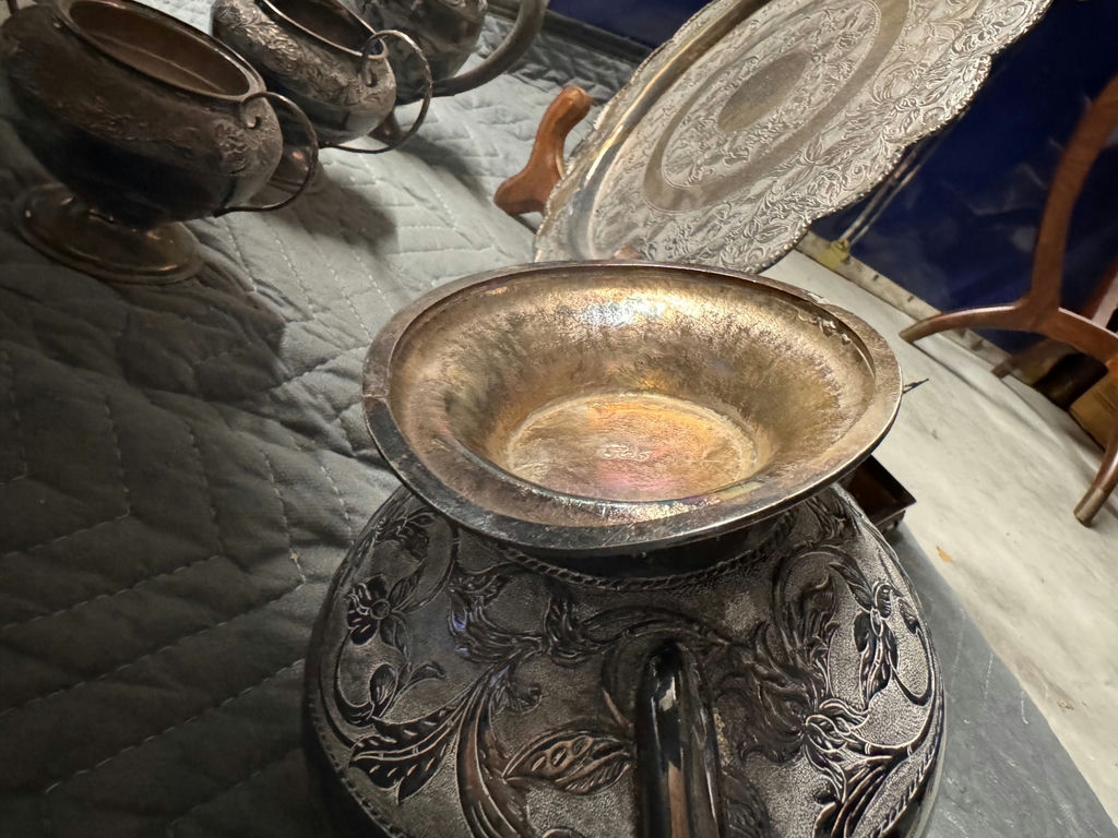 Engraved Metal Tea Service Set with Tray - image 12 of 14