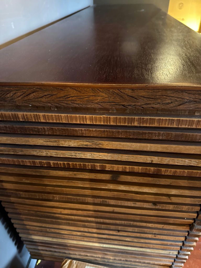 Slatted wood walnut cabinet with 3 drawers and 2 cabinet doors - image 3 of 3