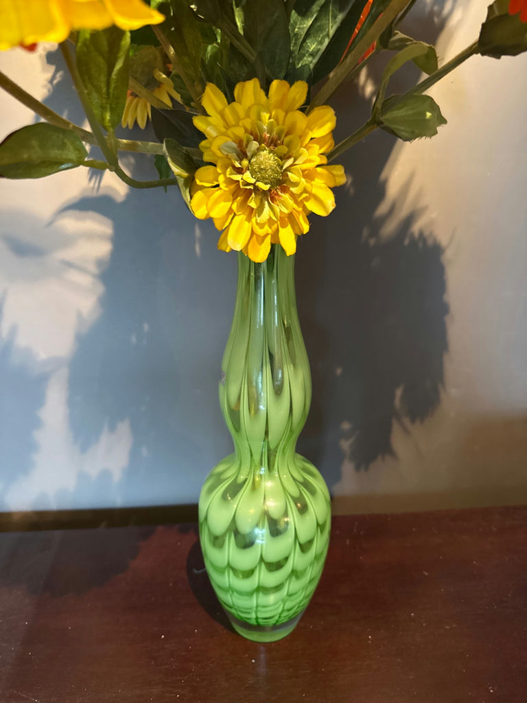 Colorful artificial flower bouquet in a green glass vase - image 2 of 3