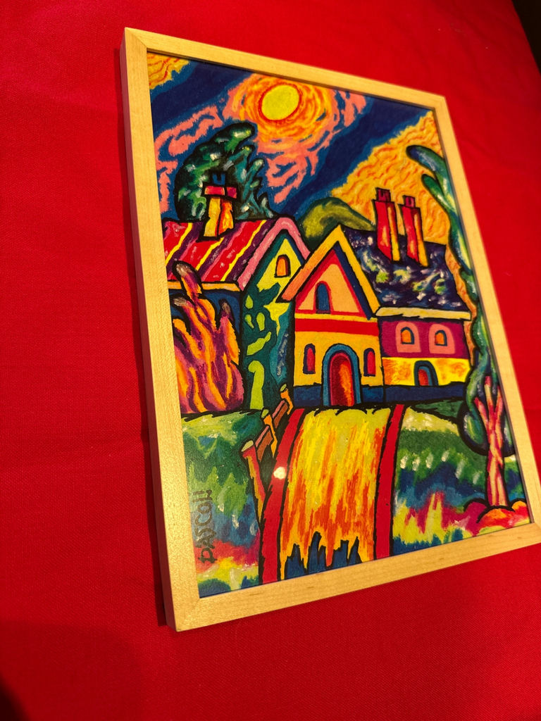 Framed colorful village scene painting - image 1 of 3