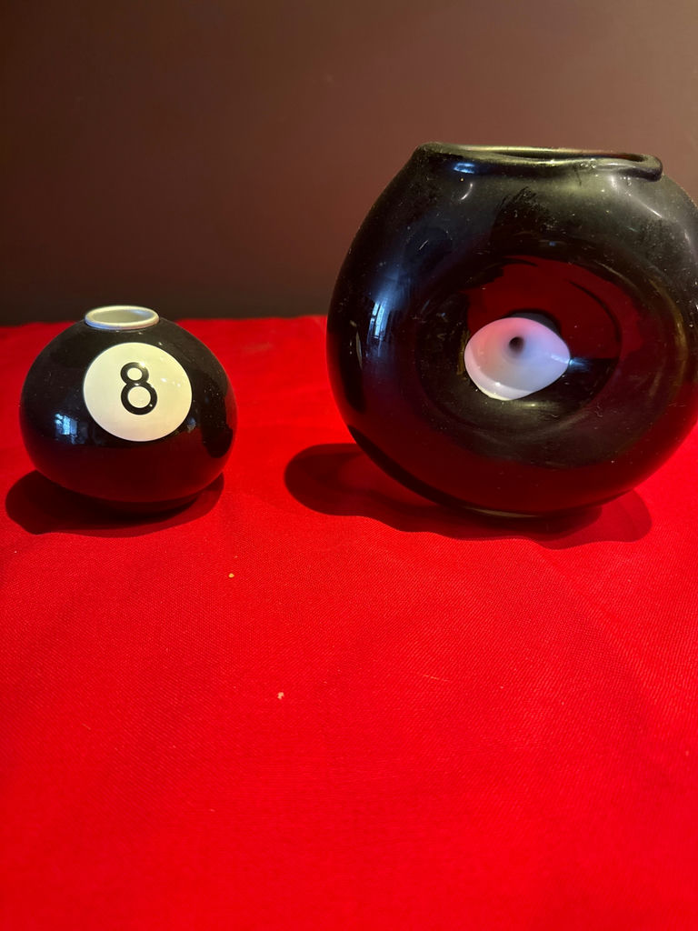 Black glass art vases with 8-ball and eye motifs - image 1 of 4