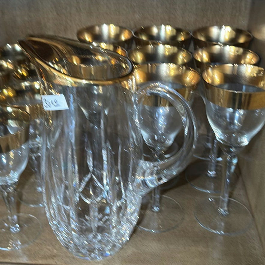 Assorted glassware: champagne flutes, wine glasses, goblets, and a crystal pitcher - image 7 of 8
