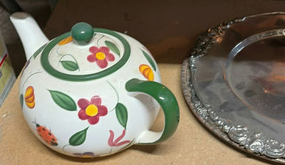 Floral Teapot, Ornate Silver plated Trays, Enamel Pot, and Glass Jar - Image 1 of 4