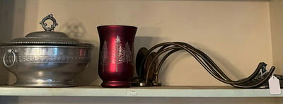 Silver plated chafing dish, red etched vase, and curved metal stand - Image 1 of 4