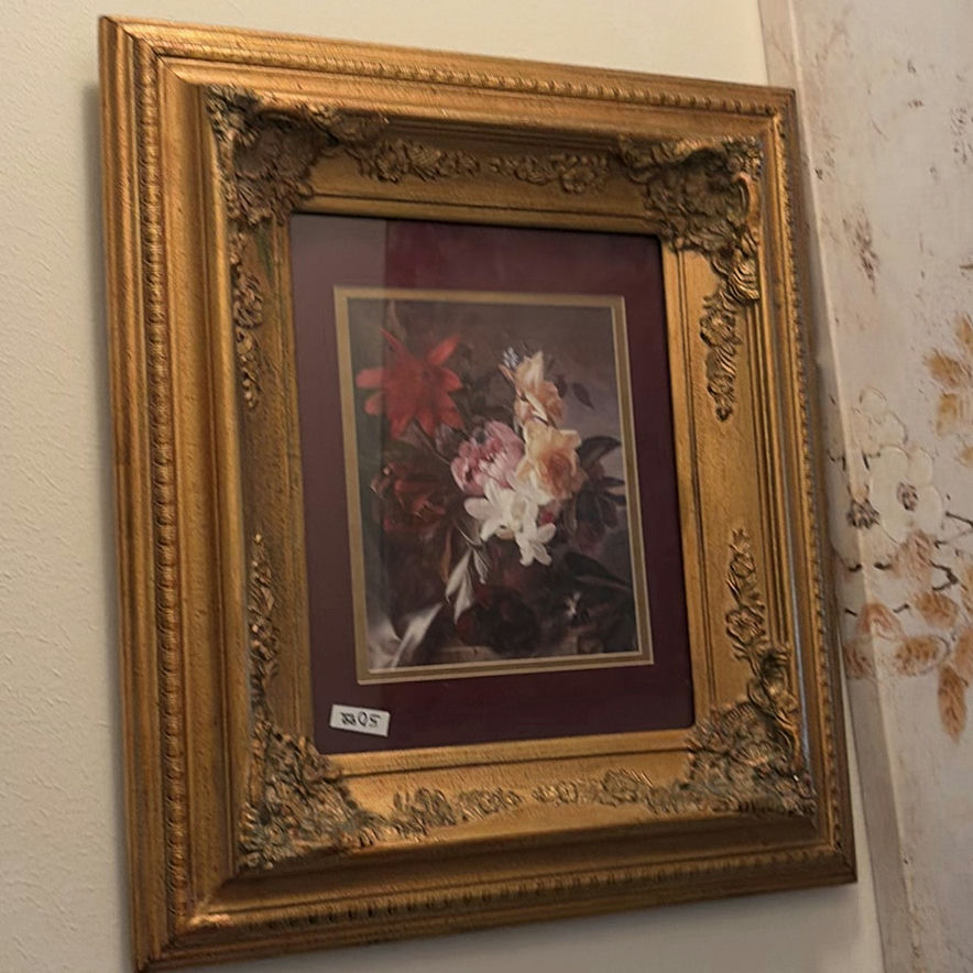 Ornate vintage mirrors, framed floral art, and decorative gold-tone sconce - image 5 of 15