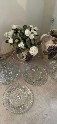 Grapevine-Decorated Ceramic Vases with White Roses and Etched Glassware - Image 1 of 8