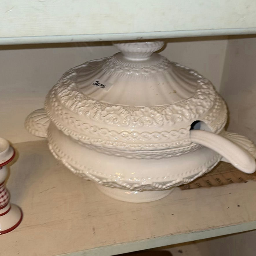 Ornate white tureen, metal filigree centerpiece bowl with nested glass bowls, and gingham candlestick - image 4 of 4