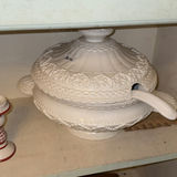 Ornate white tureen, metal filigree centerpiece bowl with nested glass bowls, and gingham candlestick - thumbnail 4 of 4