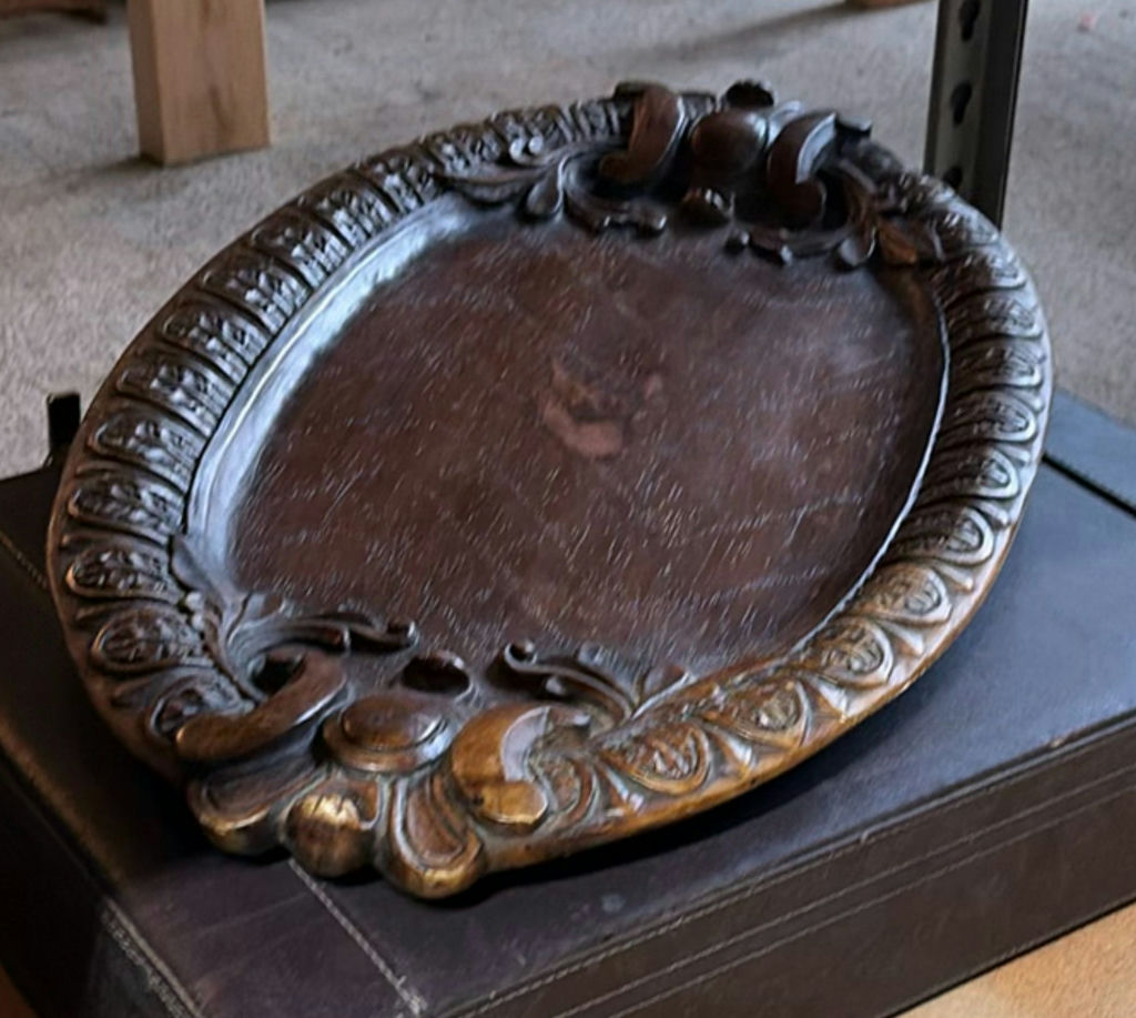 Glass bakeware, ornate wooden tray, and leather roll organizer - image 4 of 6