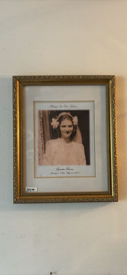 Framed memorial photograph, abstract canvases, and vintage vinyl records - Image 1 of 11