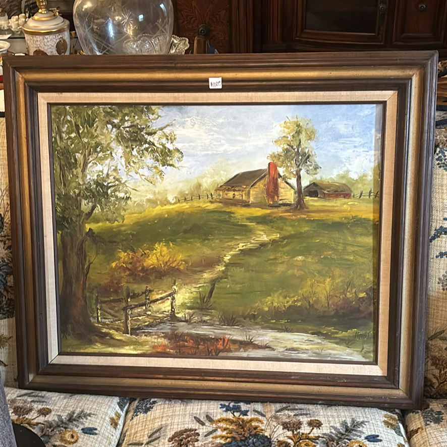 Ornate gilt metal candlesticks and framed pastoral landscape painting - image 5 of 7