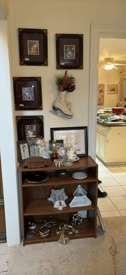 Wooden Display Shelf with Framed Art and Vintage Ceramics - Image 1 of 17