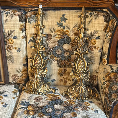Ornate gilt metal candlesticks and framed pastoral landscape painting - Image 1 of 7