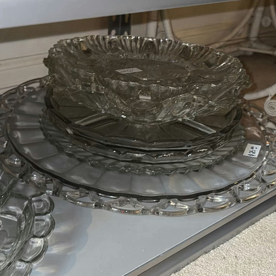 Stacked white ceramic plates with glass and crystal serving dishes - image 6 of 6