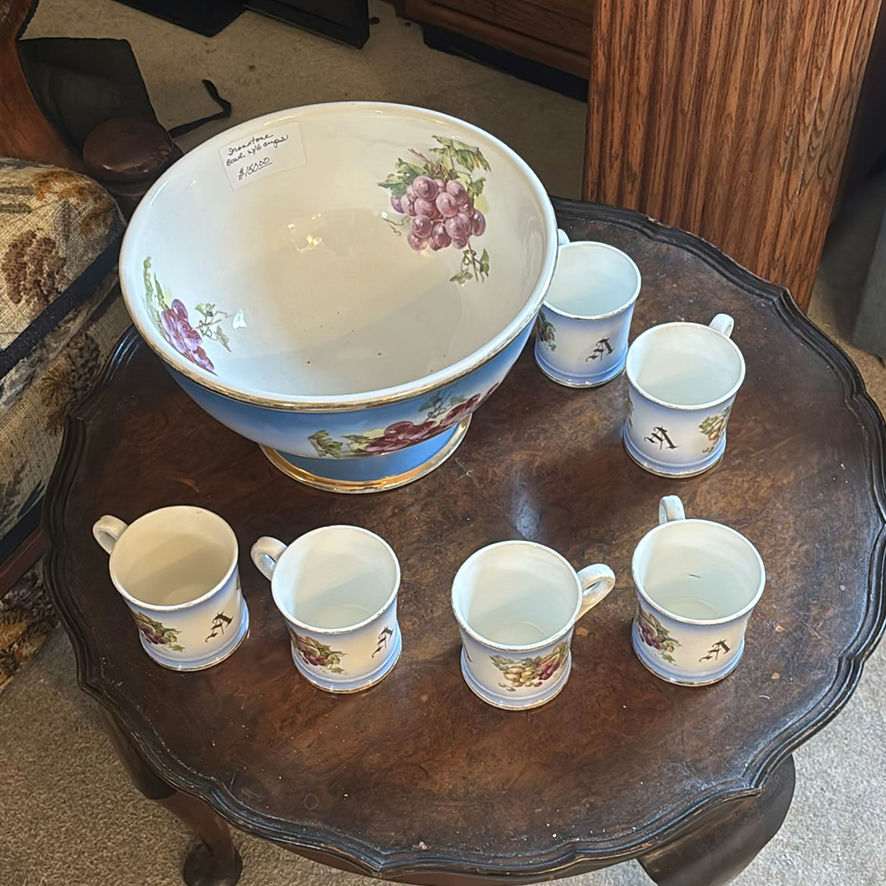 Grapevine-pattern porcelain punch bowl with matching mugs - image 1 of 4