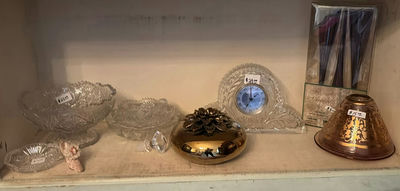 Crystal glass bowls, clock, and brass decorative items - Image 1 of 5