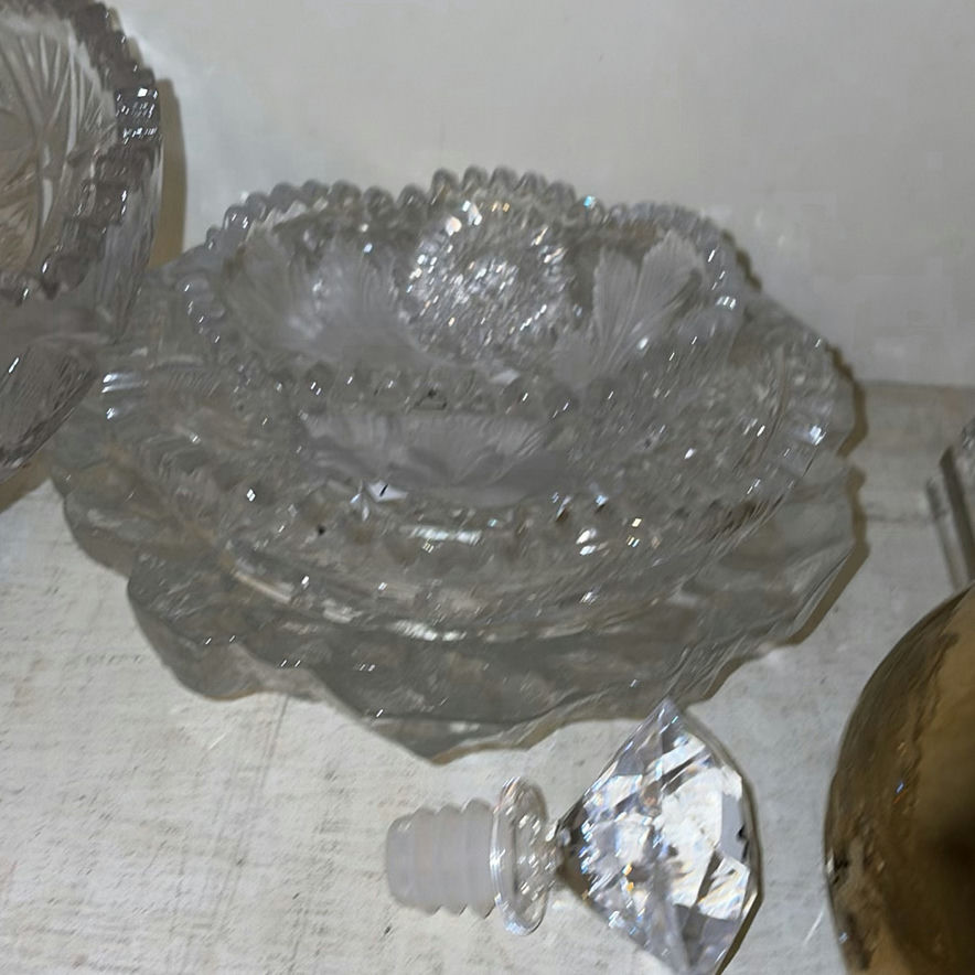 Crystal glass bowls, clock, and brass decorative items - image 5 of 5