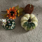 Autumn-themed decorative pumpkins, floral arrangements, bunny ornament, and table lamp - thumbnail 1 of 7