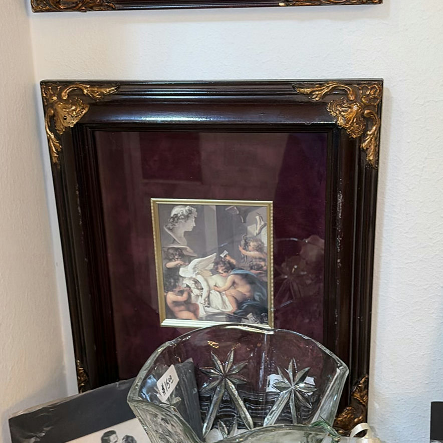 Wooden Display Shelf with Framed Art and Vintage Ceramics - image 5 of 17