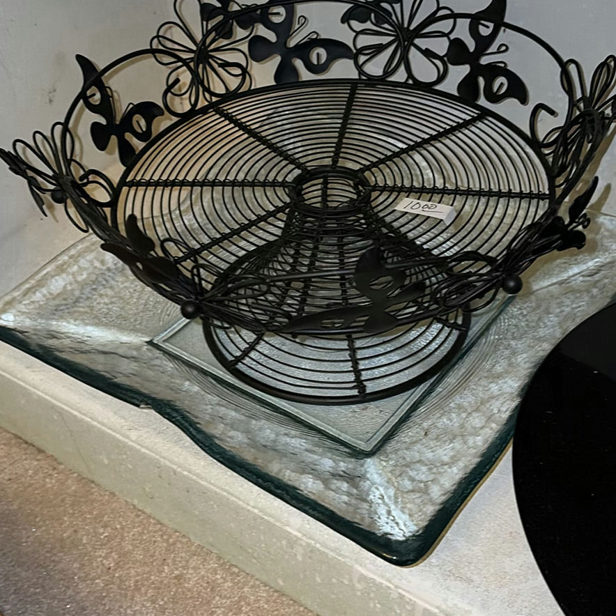 Black wire fruit basket with butterfly motif and round black glass plate - image 4 of 4