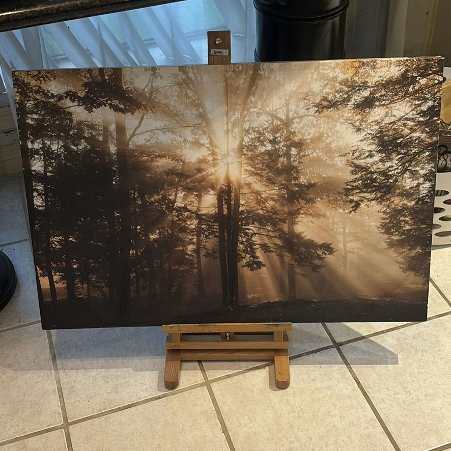 Forest landscape painting on wooden easel - image 1 of 3
