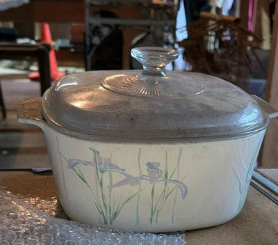 Casserole dish with lid, embossed glass mugs, grape-relief cup, diamond-pattern vase, and ornate framed tile art - Image 1 of 9