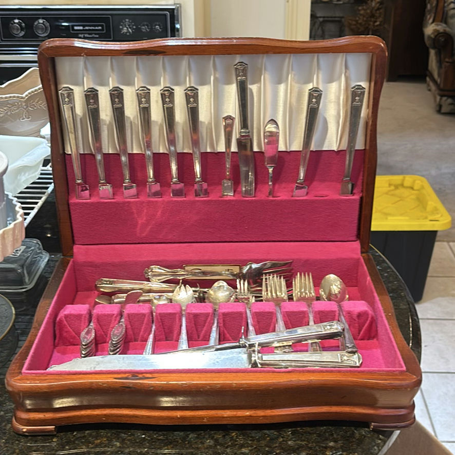 Antique wooden silverware chest with silver-plated flatware - image 2 of 4