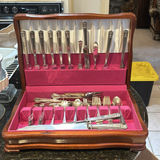 Antique wooden silverware chest with silver-plated flatware - thumbnail 2 of 4