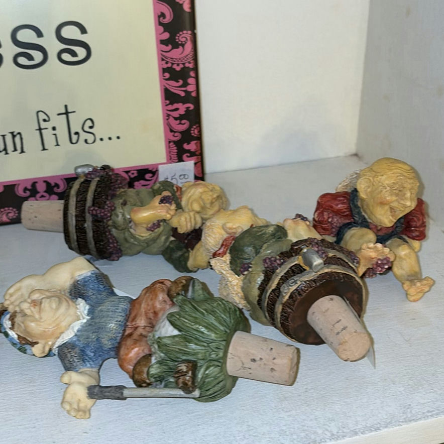 Assorted decorative shelf items: glassware, ceramics, sign and cork figurines - image 6 of 6