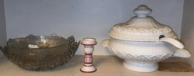 Ornate white tureen, metal filigree centerpiece bowl with nested glass bowls, and gingham candlestick - Image 1 of 4